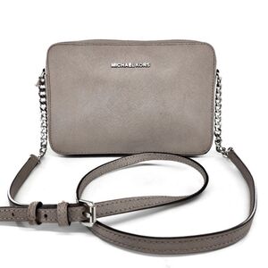 Michael Kors Jet Set Grey Saffiano Leather Silver Chain Zip-Top Crossbody Bag